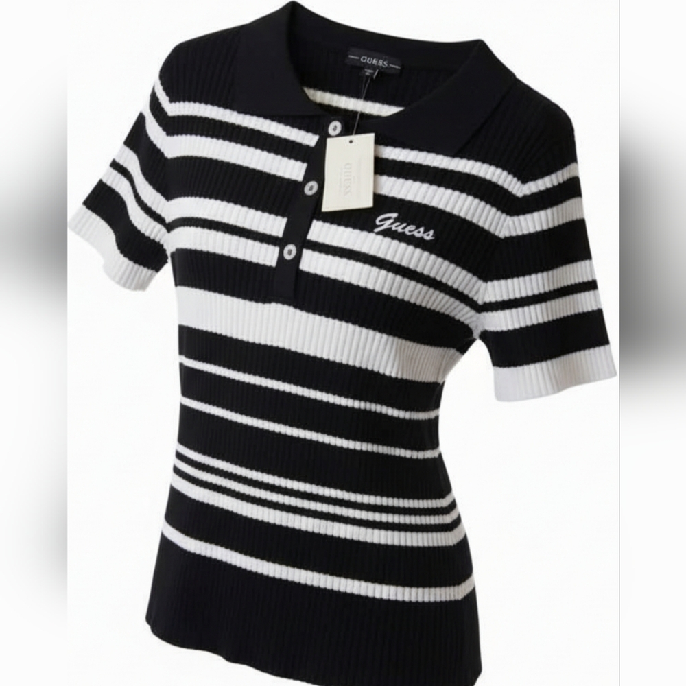 NWT Guess Women's Black and White Striped V-Neck Sweater